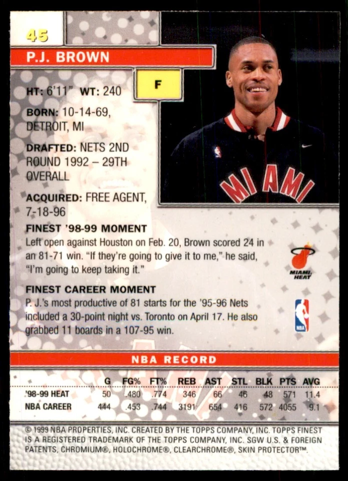 1999-00 Topps Finest w/coating P.J. Brown Basketball cards #45 - Image 2 of 2