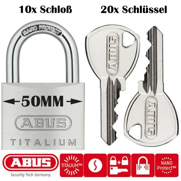10X Abus Titalium Vorhangschloss 50MM GleichschließEnd BüGelschloss 64TI Schloss-image