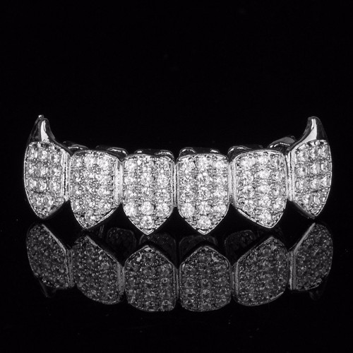 18K White Gold Plated Custom Slugs Fang Top Bottom GRILLZ Teeth Mouth Grills Set - Picture 5 of 13