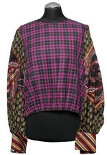 Caliban Slip Blouse 36 Pink Black Plaid Paisley Long Sleeve with Silk New