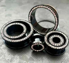PAIR Gem Rimmed Screw Fit Tunnels Black PVD Steel Clear CZ Plugs Earlets Gauges