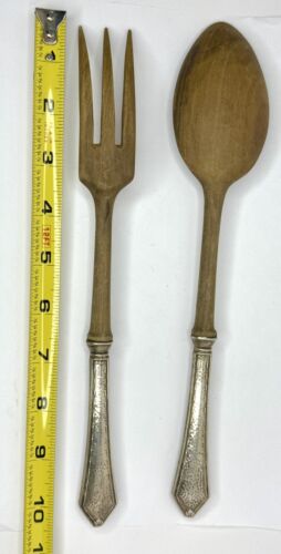 Crown Sterling Silver Teak Wood Fork & Spoon 10” Salad Service Set MCM Rare VTG - Picture 3 of 6