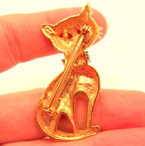 Kätzchen Katze Brosche goldfarben rosa Strass Augen Vintage 60er Modeschmuck - Bild 4 von 4