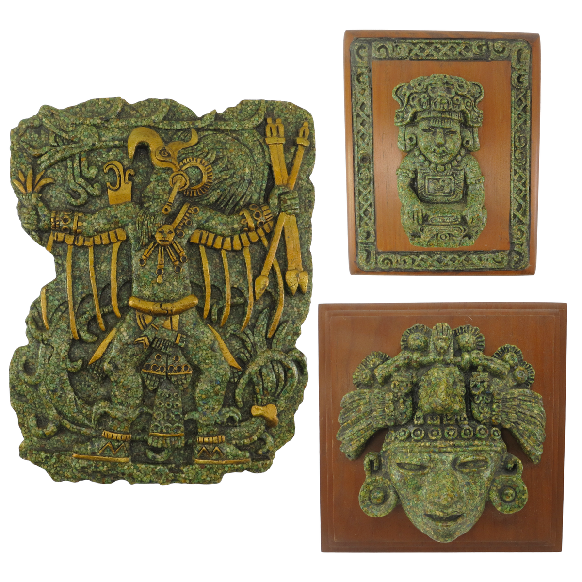 Zarebski Malachite on Wood Wall Plaques Aztec Mayan Arte Mex INZA