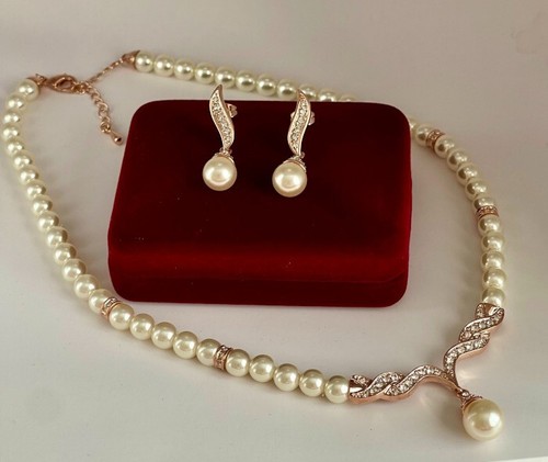 Luxus Perlen Schmuckset Zirkonia Collier 750er Roségold 18K vergoldet Geschenk - Bild 6 von 7