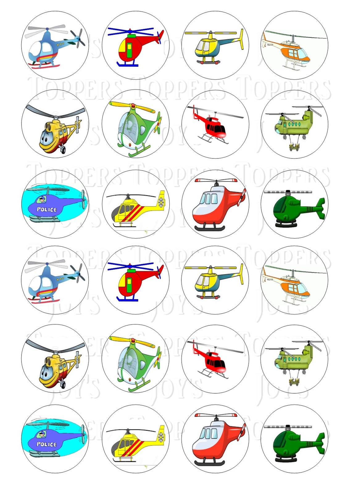 24 HELICOPTER HELICOPTERS  CUPCAKE TOPPERS ICED ICING FAIRY CAKE BUN TOPPERS