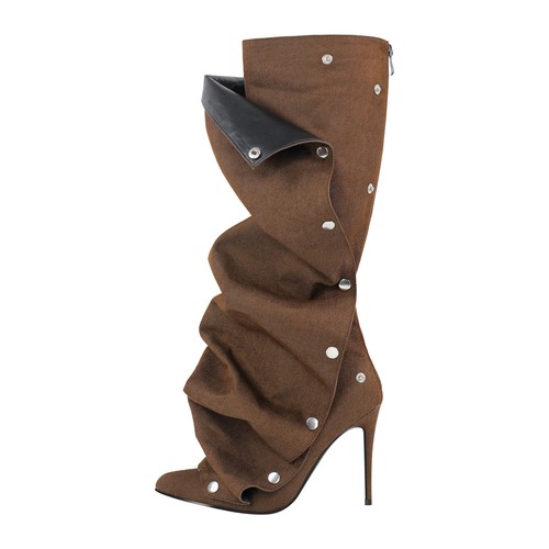 Women's Fashion Pointy Toe High Heel Pull On Slouchy Mid Calf Boots Zipper Shoes - Picture 16 of 22