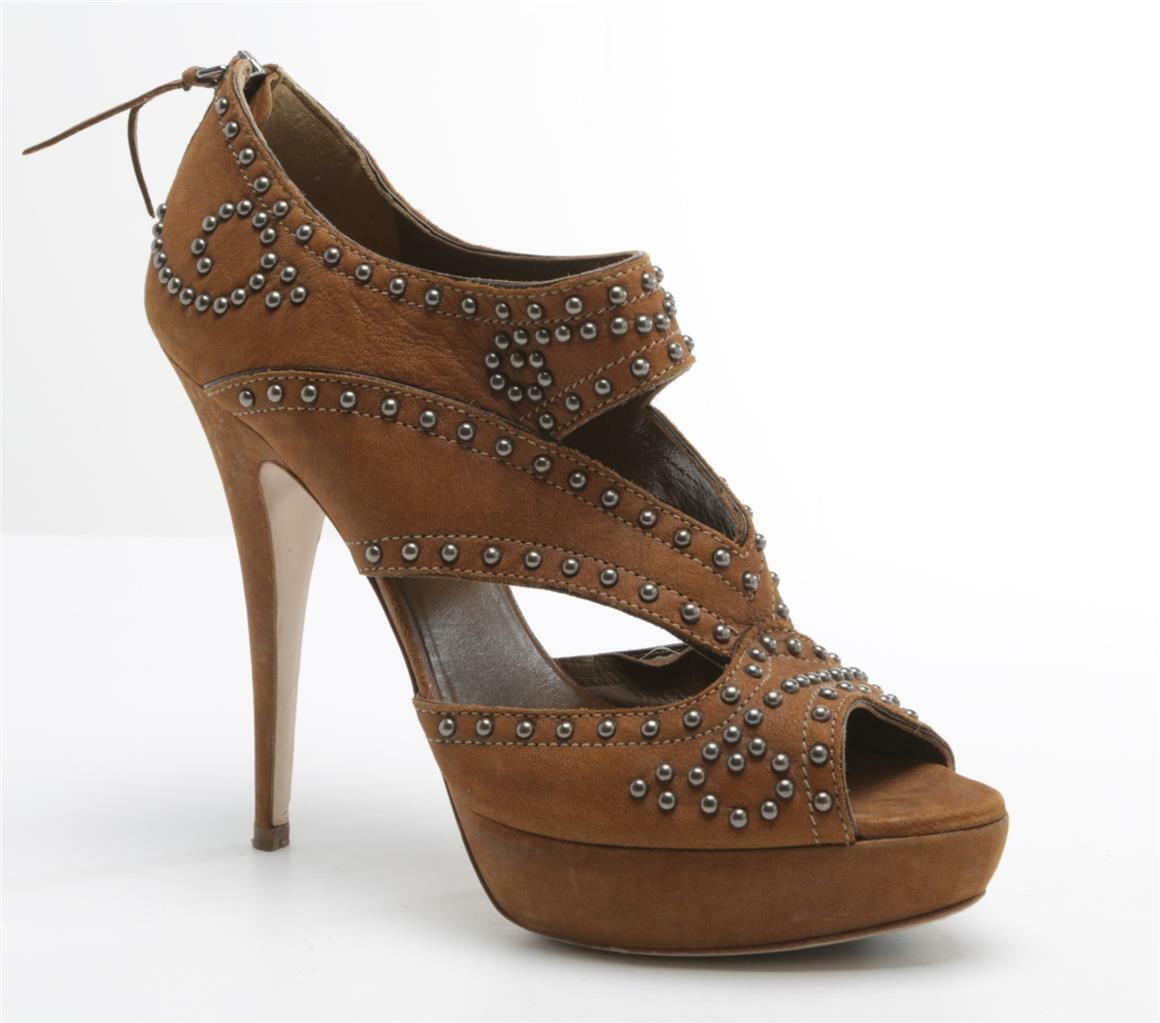 MIU MIU Womens Brown Suede High Heels Studded Pump Platform Ankle