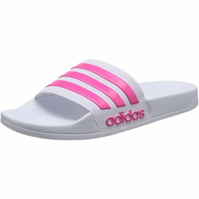 pink and white adidas slides