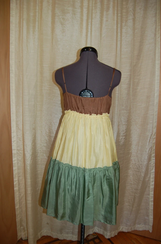 Vestido para mujer Ella Moss amarillo seda/marrón/verde correa de espagueti forrado flujo talla P Foto 4 de 4