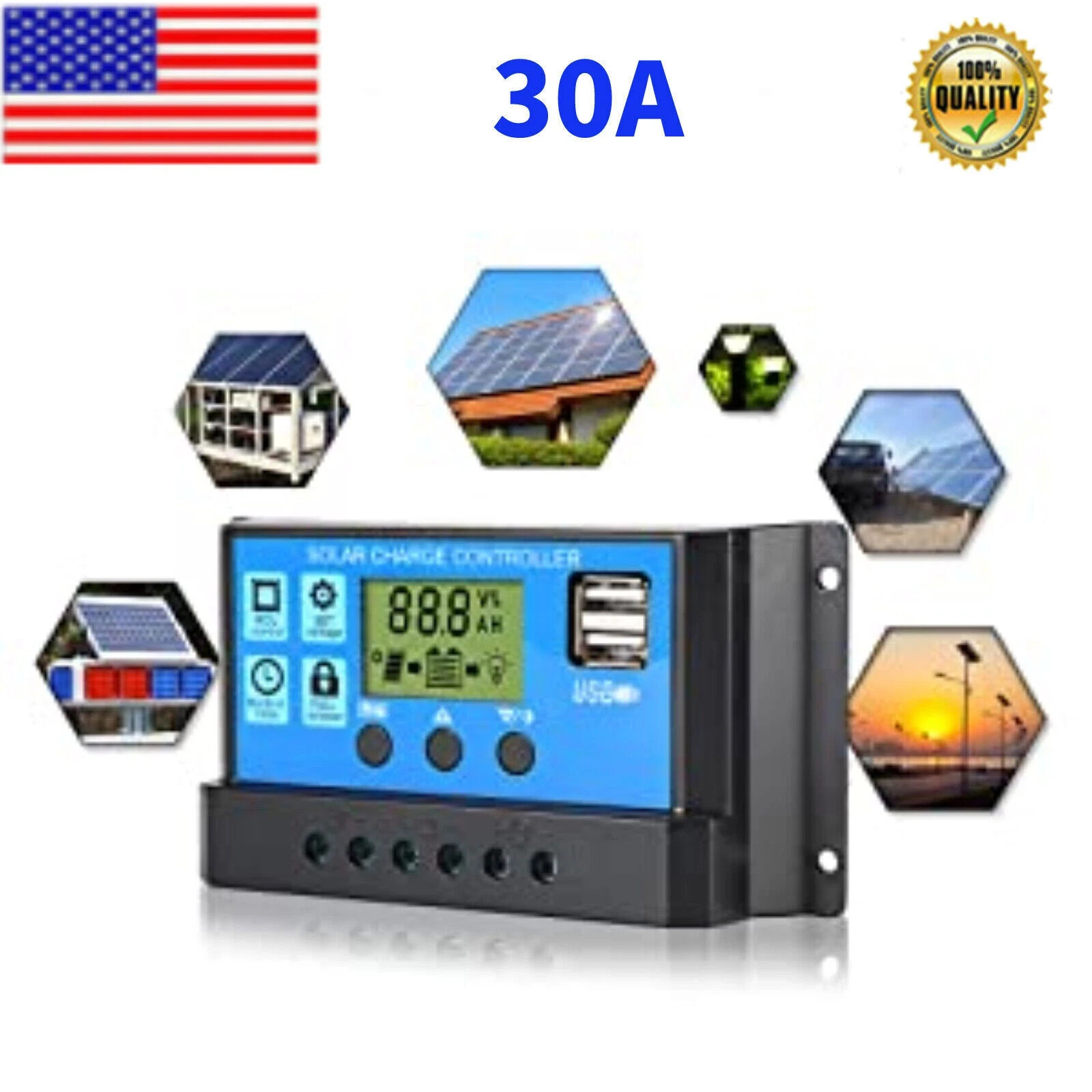 30A Solar Panel Battery Charge Controller 12V/24V LCD Regula
