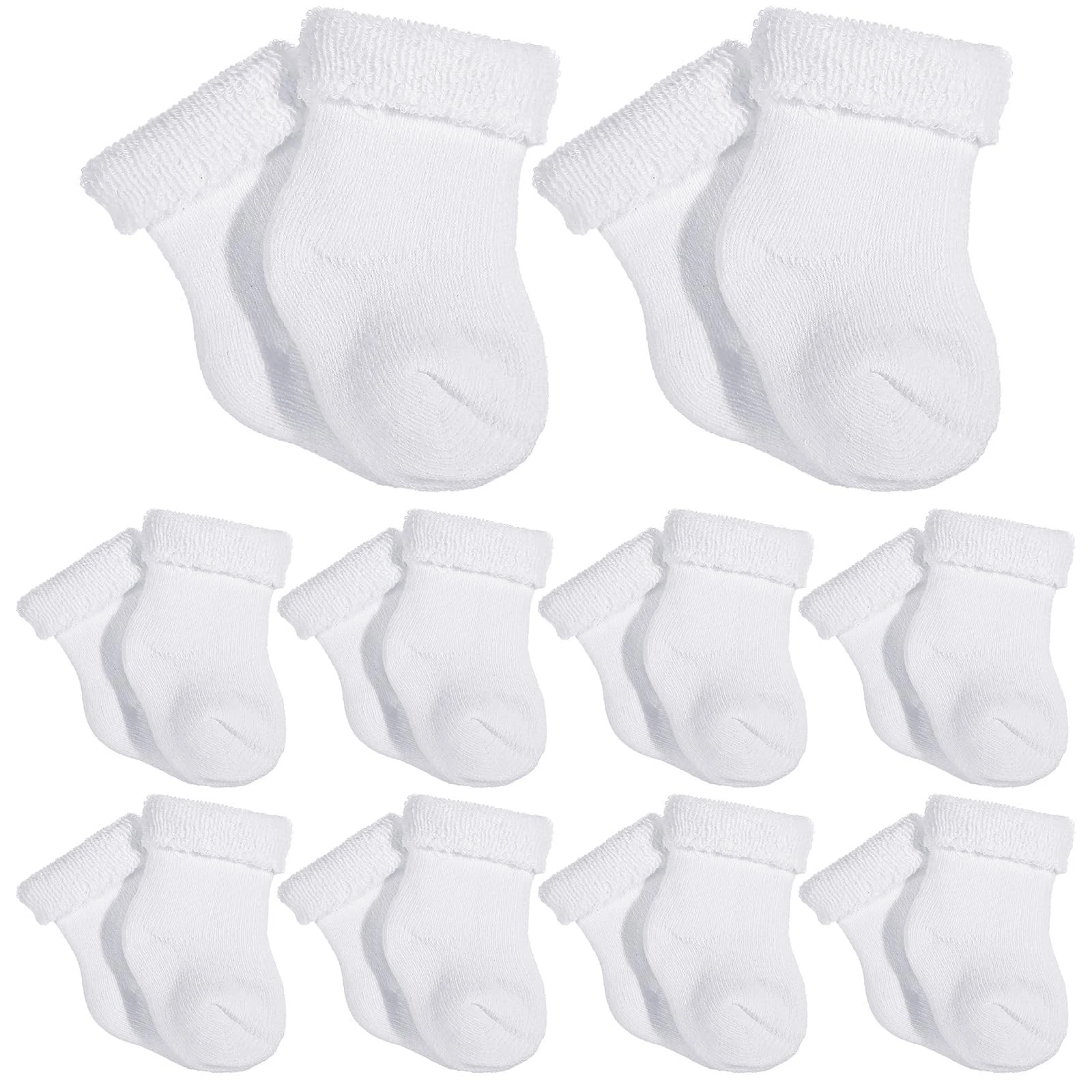 Twistover 10 Pairs Preemie Baby Terry Cotton Turn Cuff Socks 3 Months, White