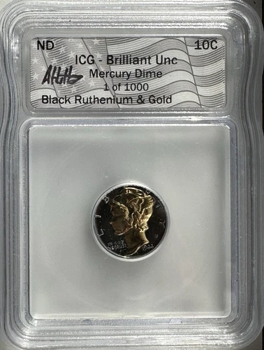 1944 P Mercury Dime ICG Brilliant Unc. Black Ruthenium/Gold SIGNED