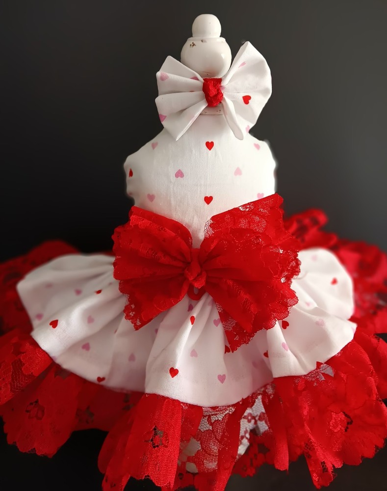 DOG HARNESS DRESS  RED Hearts WITH RED LACE       NEW HANDMADE  FREE SHIPPING