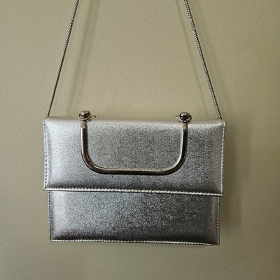 Vintage Metallic Silver Evening Handbag Rectangle Shoulder Disco Chrome