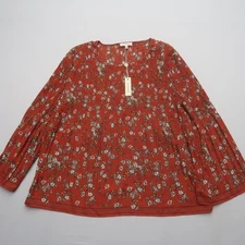 Max Studio Floral Boho Blouse Size Medium Long Sleeve Orange Casual Top NWT