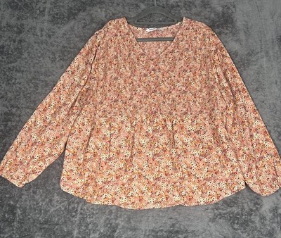 Sonoma Goods For Life Smocked Bodice Peasant Top Plus Size 2X Floral Orange