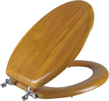 Elongated Wood Toilet Seat with Metal Hinges Durable Easy-Clean Veneer Lid