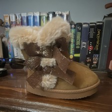 Baby Faux Suede Faux Fur Lined Ankle Bootie Pull-On Bows Brown Size 3