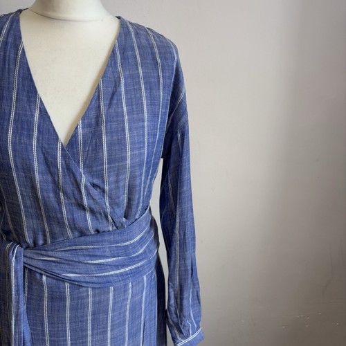 Sezane Midi Dress Size 36 UK 8 Blue Stripe Wrap Lined Long Sleeve Classic - Picture 2 of 9