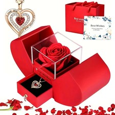 Valentines & Mother's Day Gift - Red Rose & Necklace for Her Mum Wife Girlfriend