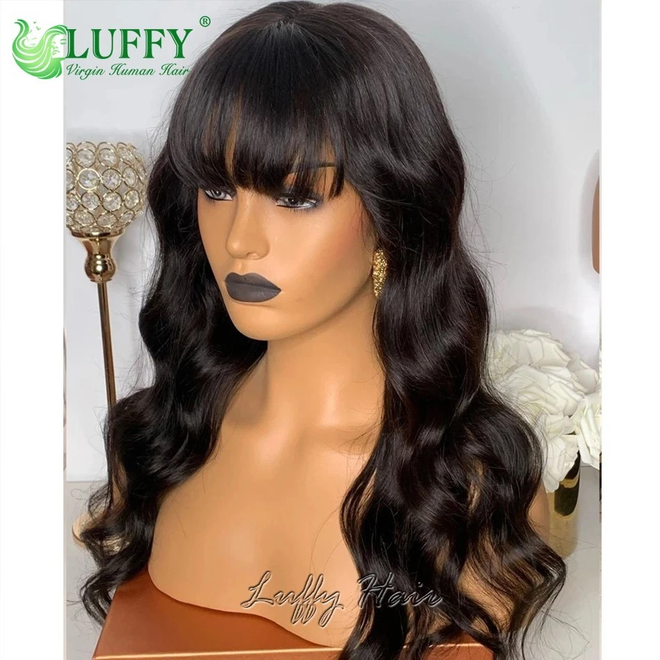 Peluca de cabello humano Body Wave con flequillo brasileño Remy O cuero cabelludo superior hecha a máquina Foto 4 de 4