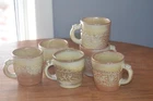 6 Vintage Frankoma Pottery Mayan Aztec Gold Cups Mugs 8 oz. Mint Unused #7C