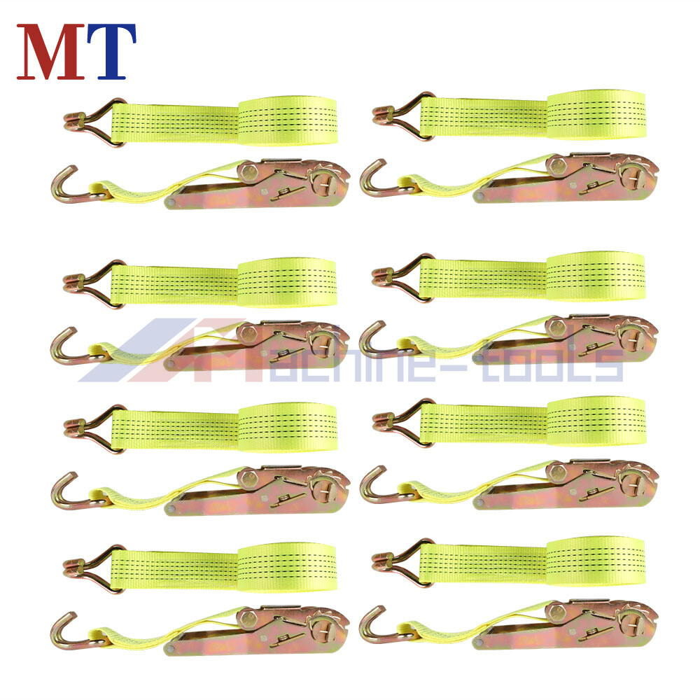 8 Pack Yellow Ratchet Straps J Hook 2" x 15' 5000 Lbs Heavy Duty Tie Downs