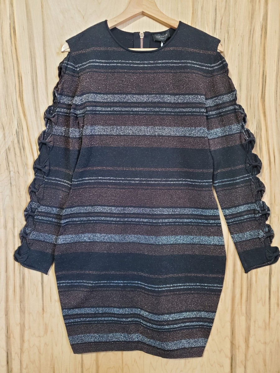 Ted Baker Simona Lurex Striped Bow Sleeve Bodycon Slimming Dress Womens  NWT