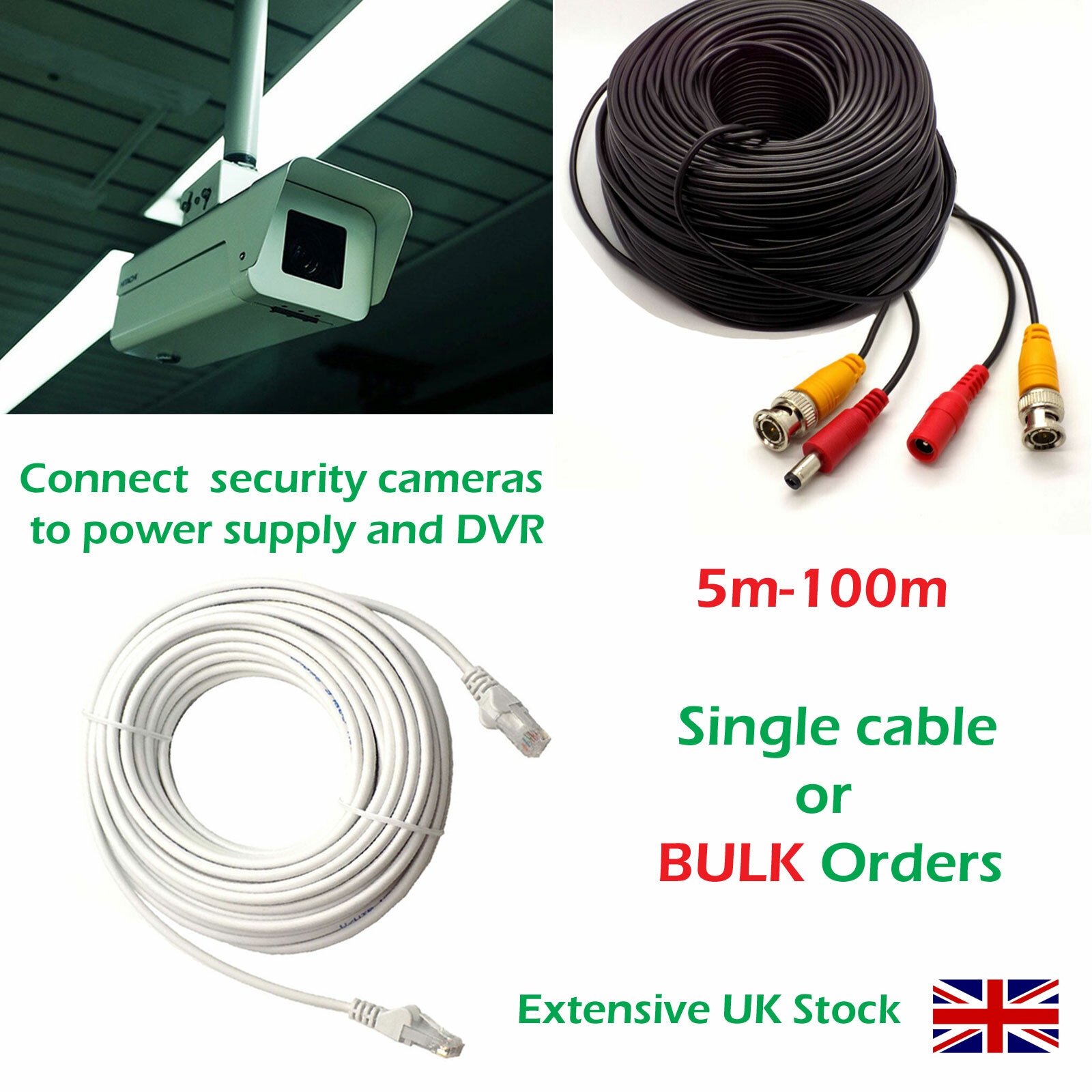 CCTV Camera Extension Cable BNC DC Power Lead Security DVR Video Pre