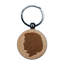 Woman Head Silhouette Engraved Wood Round Keychain Tag Charm
