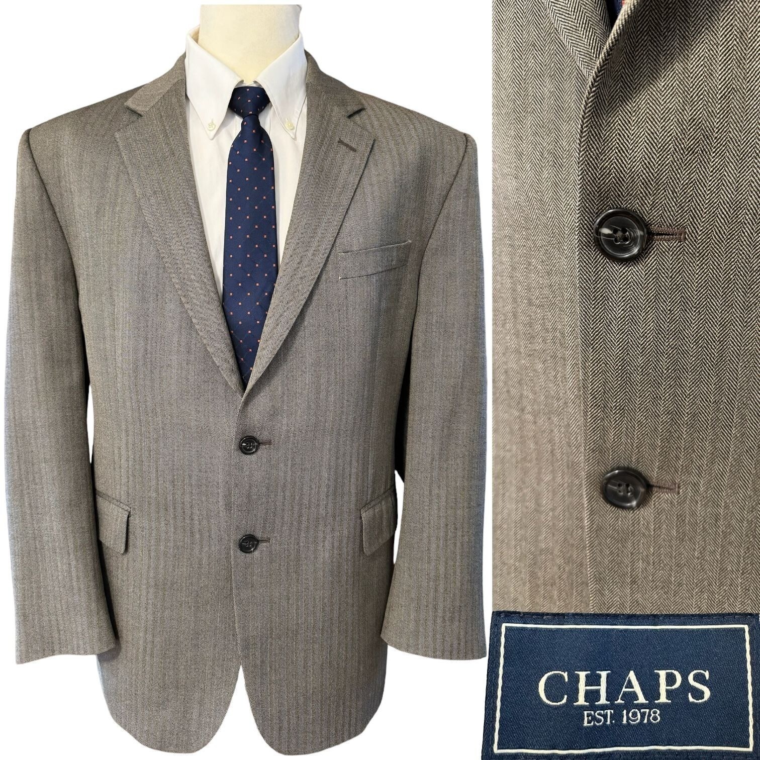 Ralph Lauren Chaps Wool Herringbone Sport Coat Blazer Mens 44R Beige Suit Jacket