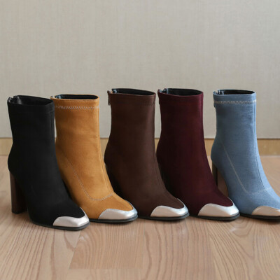 Womens Chic Two Tone Square Toe Block Heel Zipper Bootie