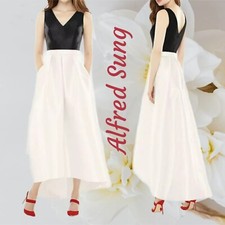 Alfred Sung Dress Womens Sz 10 Black & Ivory Satin Hi-lo Hem Pockets Formal 