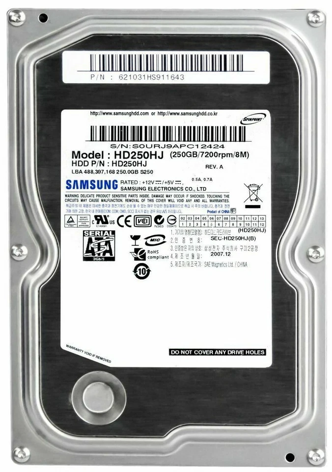 Hard Drive Samsung Spinpoint S250 HD250HJ 250GB 7.2K 8MB SATA II 3.5'' - Image 3 of 3