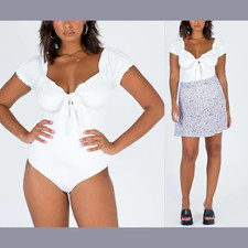 NWD 46 Princess Polly 4 US Ruffle Trim Front Tie Medina Bodysuit White U213