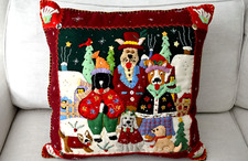 BIG 24" sq. Christmas Dogs pillow handmade wool felt & embroidery New World Arts