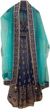 Indian Kameez sz 7 Sm Front Slit Style Dupatta Wedding Bollywood Zari Gold Blue