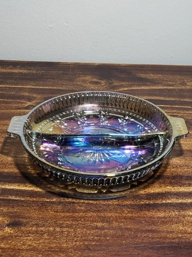 Vintage 1970's Federal Glass Smoke Blue Carnival Glass Candy/Relish Dish