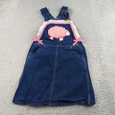 Vintage Liberty Bib Overall Dress Girls 6X Blue Denim Sheep Hearts Lace Custom