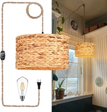 Rattan Plug in Pendant Light Boho Hanging Lights with Plug in Cord & Dimmable...
