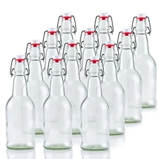 16 Ounce Clear Glass Beer Bottles for Home Brewing - 12 Pack with Flip Top Cap