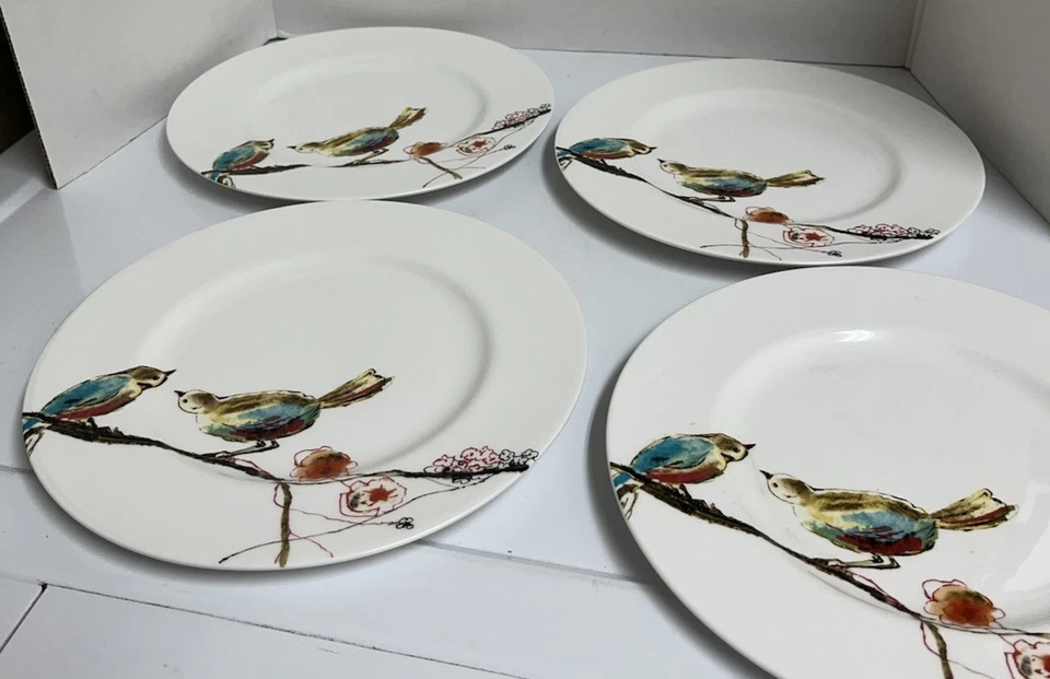 Lenox Chirp Simply Fine Salad Lunch Plates 9 1/4" Bone China Bird & Floral Set 4 - Image 4 of 4