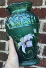Fenton Hand Painted Glass Vase Designer Showcase Series Signed Green Iridescent