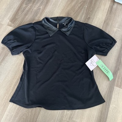 NWT Love Haven Boy Shirt Style- Polyester with leather Trim  Collar Blouse-Black