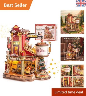 Herausforderndes 3D-Puzzle-Set: Geschenkfabrik aus Holz mit 5 beschäftigten Elfen & LED-Leuchten
