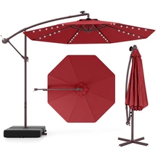Patio 10FT Hanging Offset Umbrella 32 LED Lights Sand Bag Outdoor Cross Base