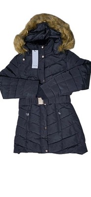 Firetrap schwarzer gefütterter Mantel Fellkapuze Gürtel Größe S neu mit Etikett, UVP 109,99   (2907v)