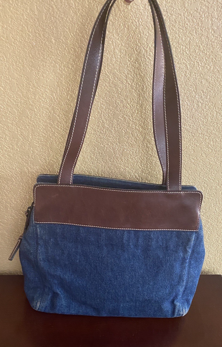 Vintage CHANEL Blue Denim Timeless Tote Shoulder Bag Brown Leather