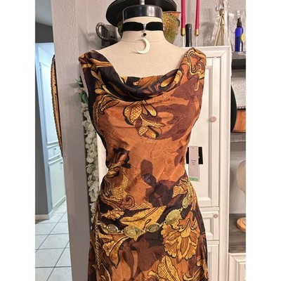 Whimsigoth Brown Floral Cowl Neck Midi Dress 8 Fall Fairycore Loose Flowy |  eBay
